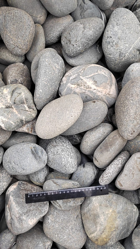 Kamenclub.ru: Галька речная окат (темно-серая) фр. 70-150 мм. купить  в Королеве галька речная темно-серая, синяя, серая речная галька округлая  8000 руб/т   фото КАМЕНЬ КЛУБ