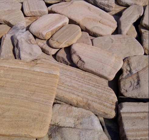 Kamenclub.ru: Песчаник пластушка галтованный желтый с рисунком (3 см)  купить в Королеве плитняк - пластушка желтый песчаник 21000 руб/м3   фото КАМЕНЬ КЛУБ