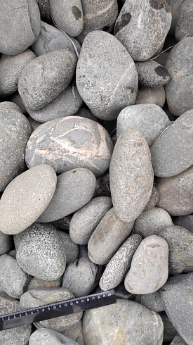 Kamenclub.ru: Галька речная окат (темно-серая) фр. 70-150 мм. купить  в Королеве галька речная темно-серая, синяя, серая речная галька округлая  8000 руб/т   фото КАМЕНЬ КЛУБ